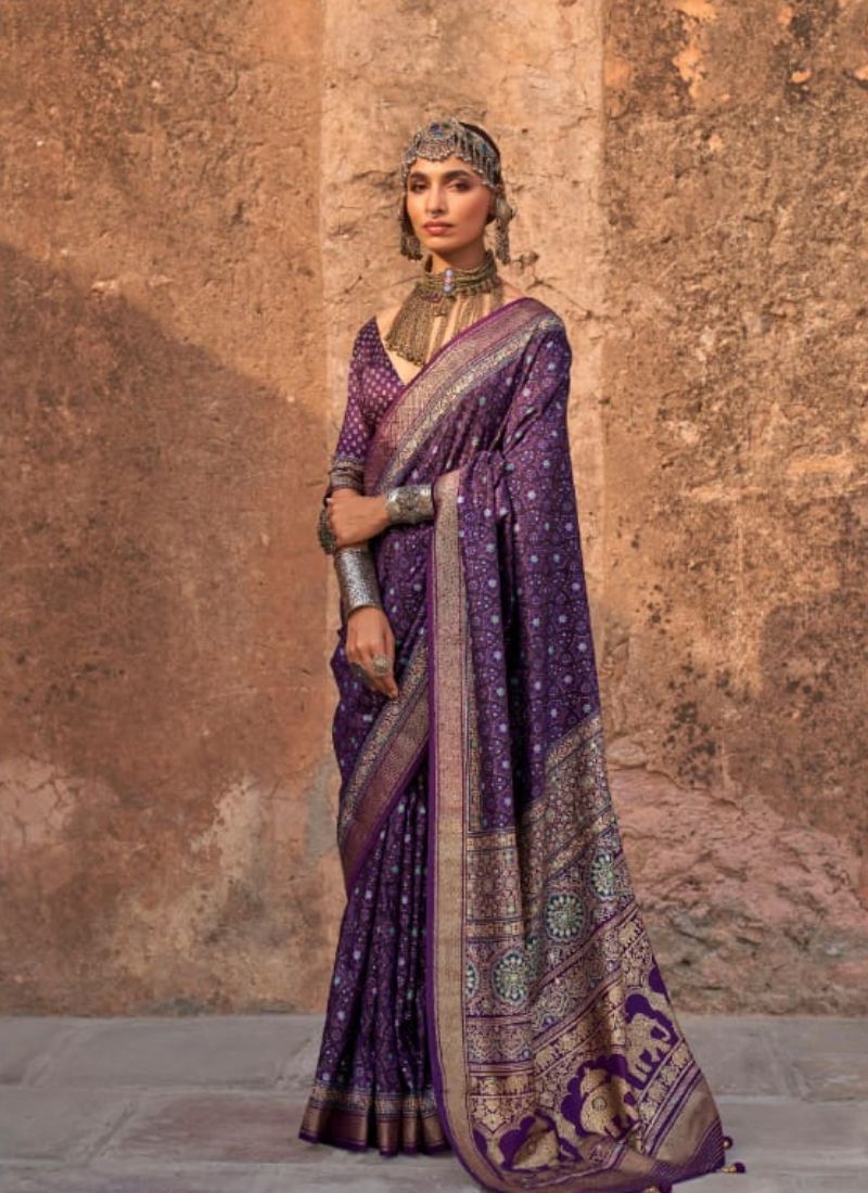 Exquisite printed viscose silk saree in dark purple