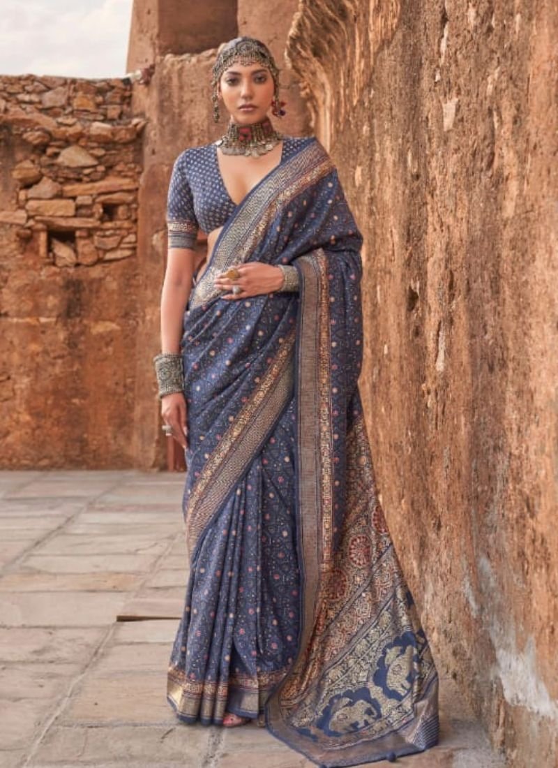 Exquisite printed viscose silk saree in royal blue