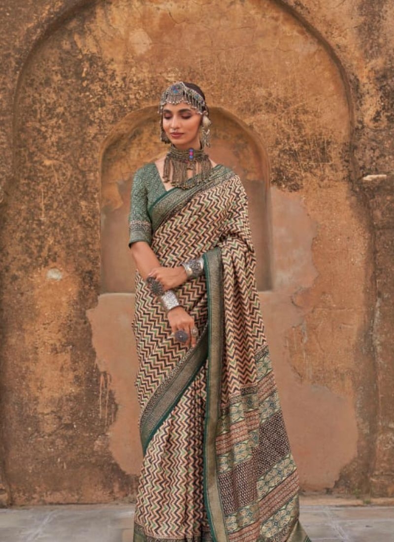 Exquisite printed viscose silk saree in green