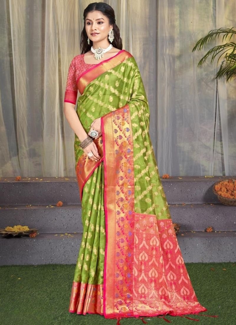 Trendy printed cotton silk saree in light green