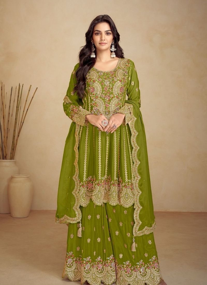 Beautiful embroidered Chinon sharara suit in light green