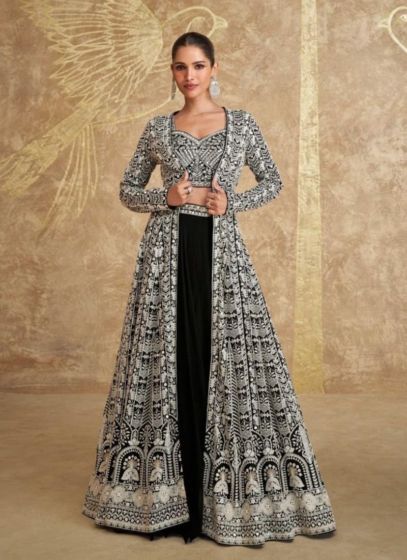 Exquisite embroidered real georgette crop top with long shrug in black