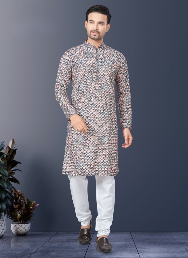 Stunning heavy digital printed cotton kurta pajama for men in grey