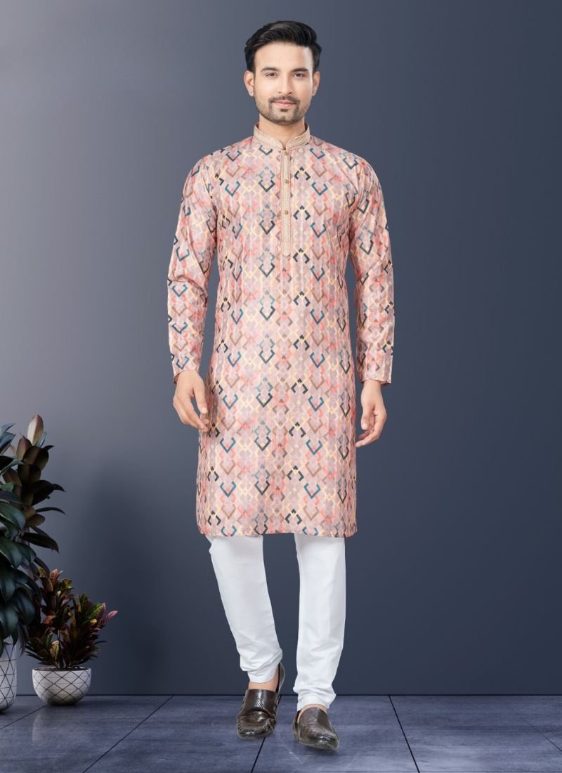 Stunning heavy digital printed cotton kurta pajama for men in baby pink