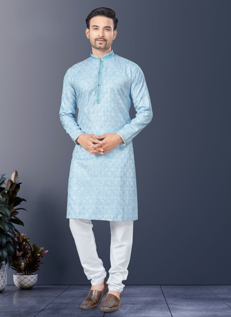 Stunning heavy digital printed cotton kurta pajama for men in sky blue