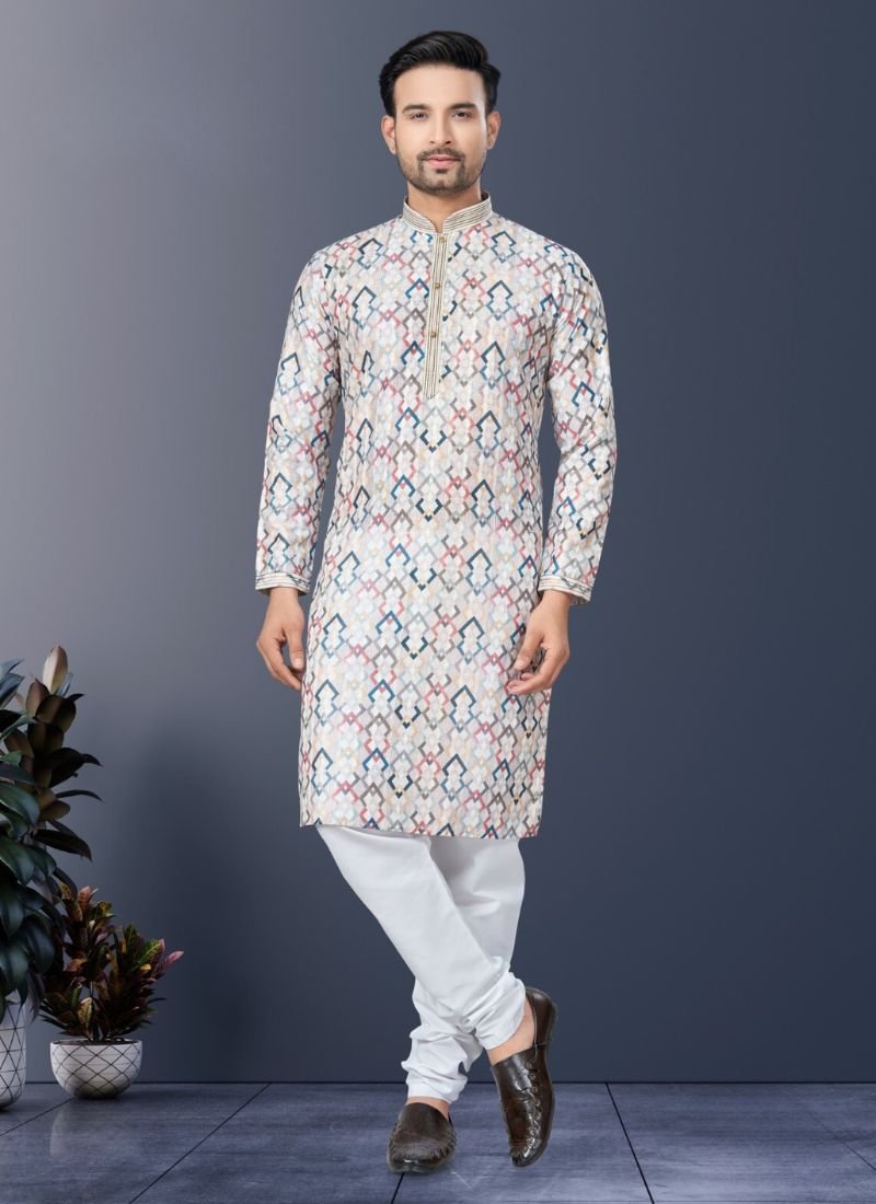 Stunning heavy digital printed cotton kurta pajama for men in cream