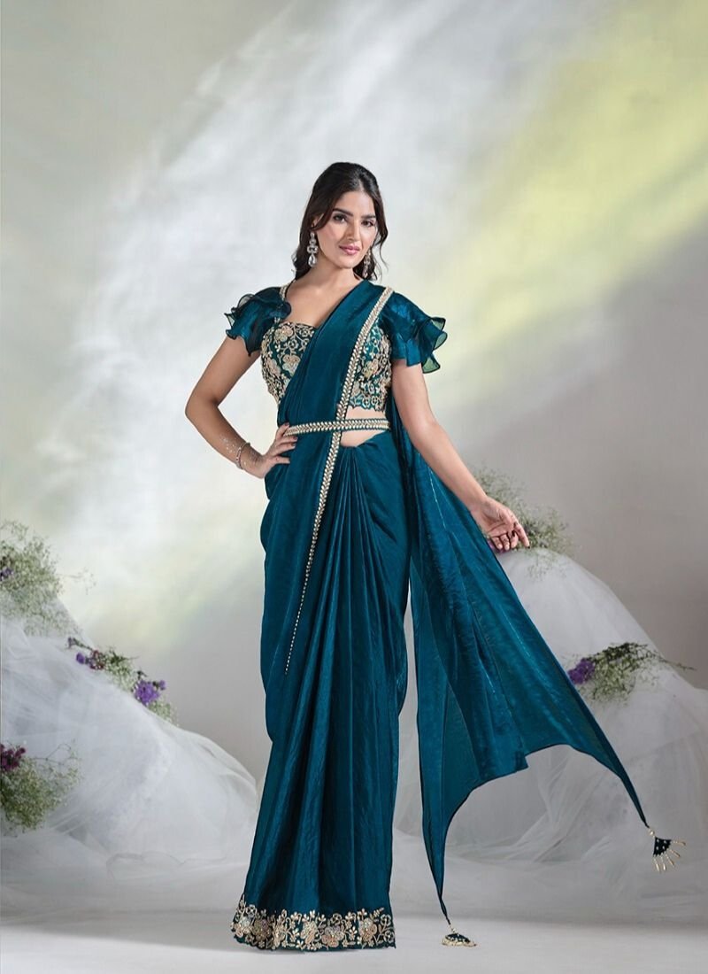 Designer thread and stone embroidered silk saree in royal blue