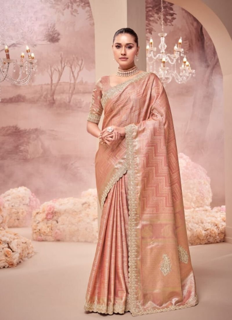 Beautiful embroidered organza silk saree in peach