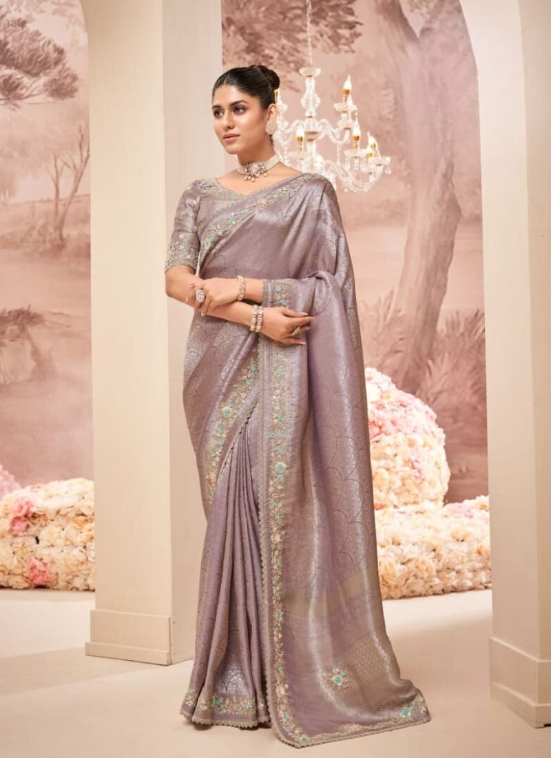 Beautiful embroidered organza silk saree in light purple