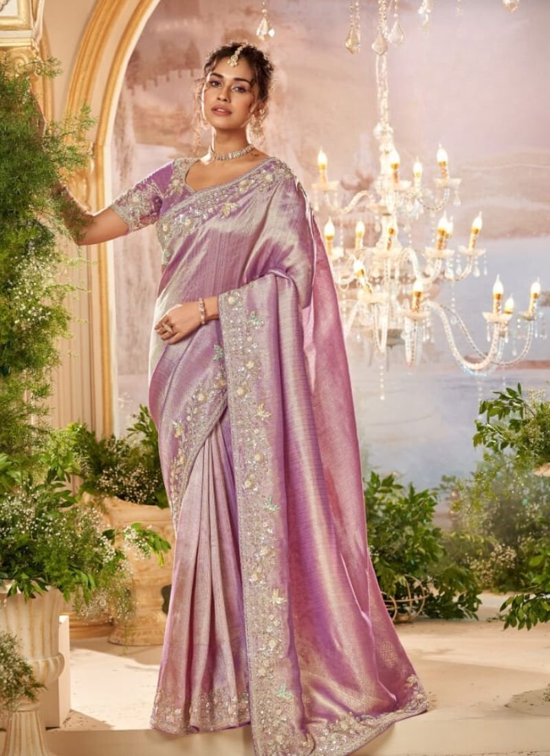 Beautiful embroidered organza silk saree in pink