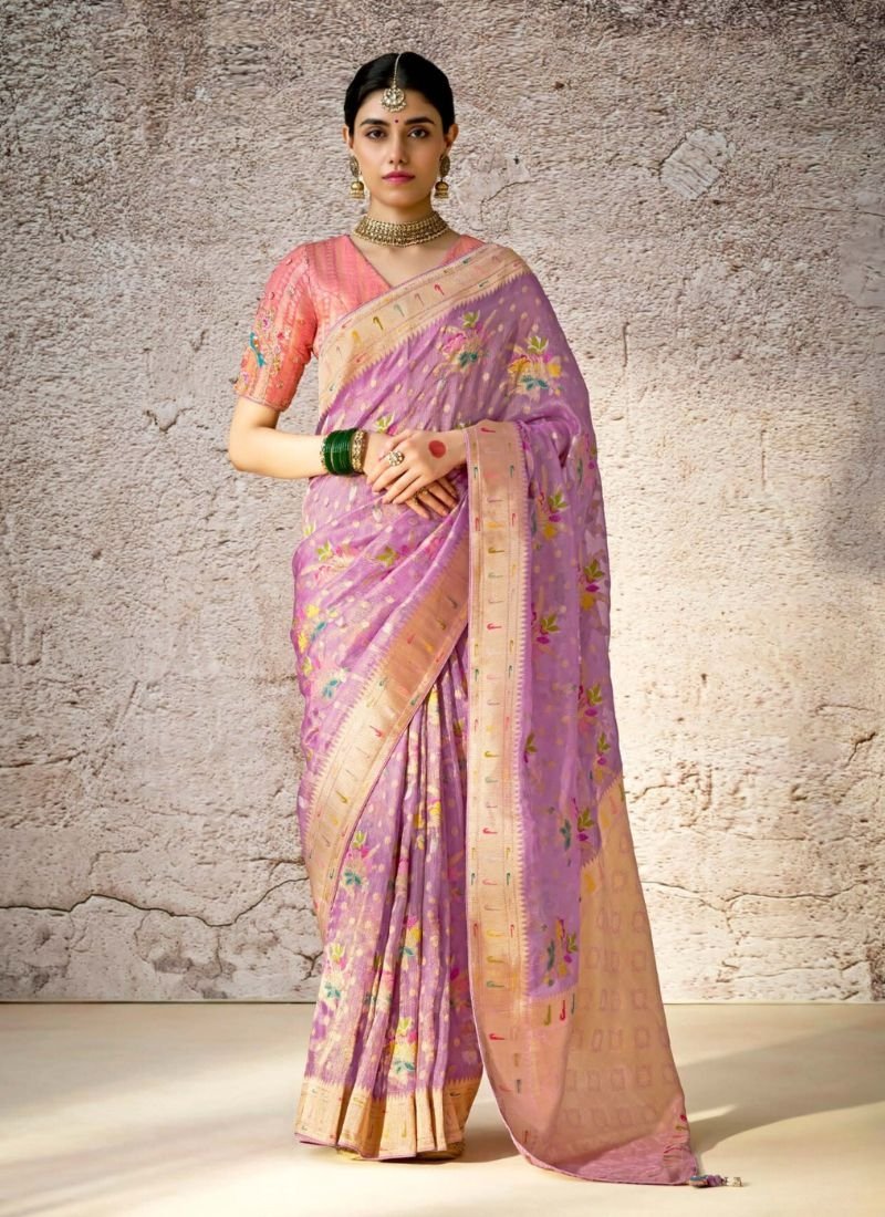 Stunning embroidered banarasi silk saree in light purple