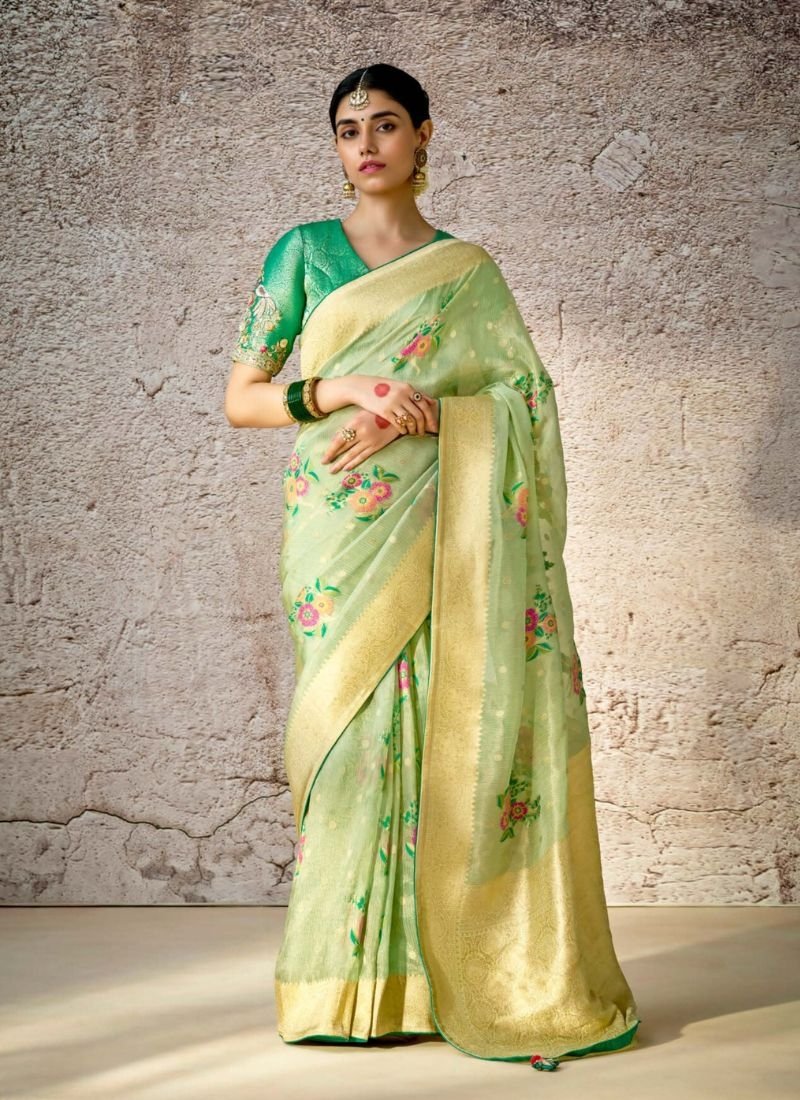 Stunning embroidered banarasi silk saree in light green