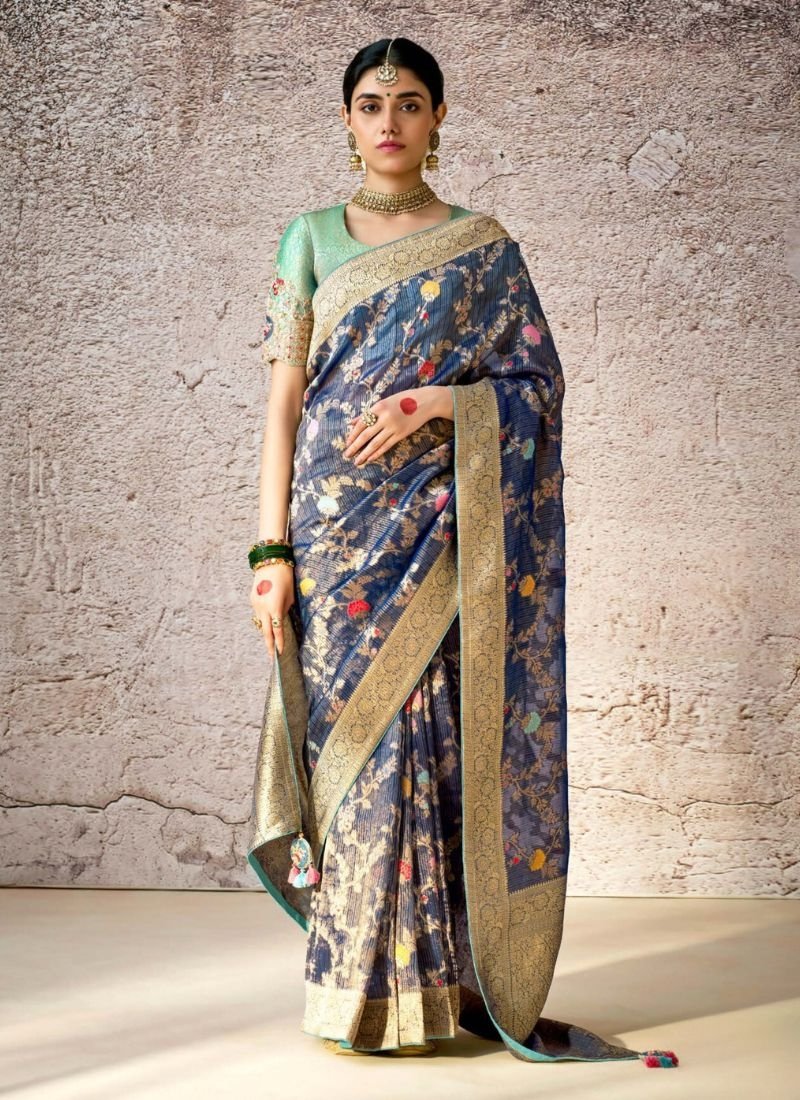 Stunning embroidered banarasi silk saree in dark blue