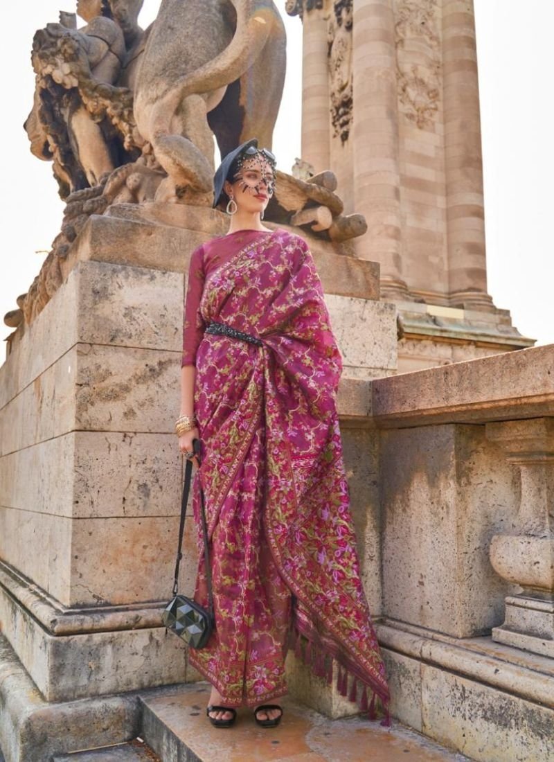 Exquisite designer handloom organza weaving silk saree in dark pink