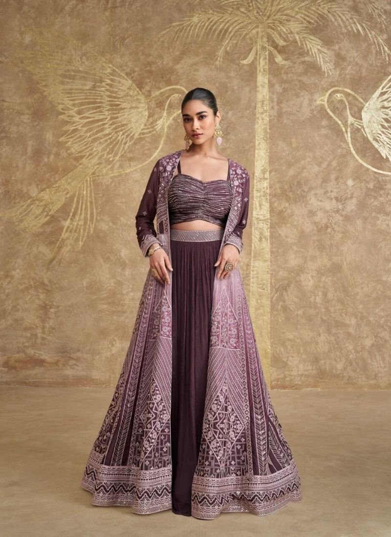 Beautiful embroidered Chinon crop top set in purple