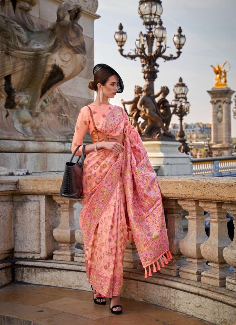 Exquisite designer handloom organza weaving silk saree in peach