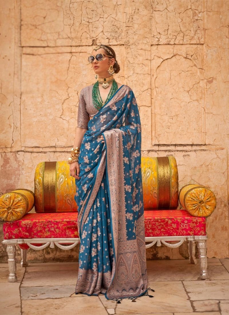 Beautiful hand weaved georgette saree in royal blue