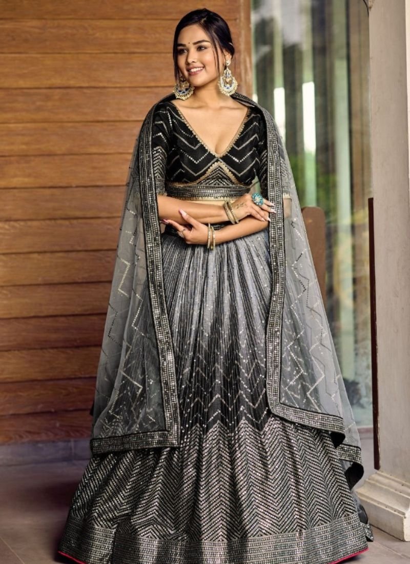 Designer embroidered Chinon lehenga in black