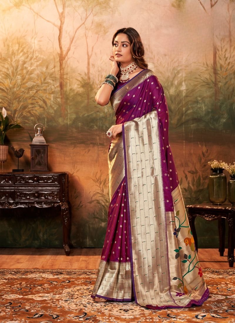 Exquisite woven pattern paithani silk saree in purple