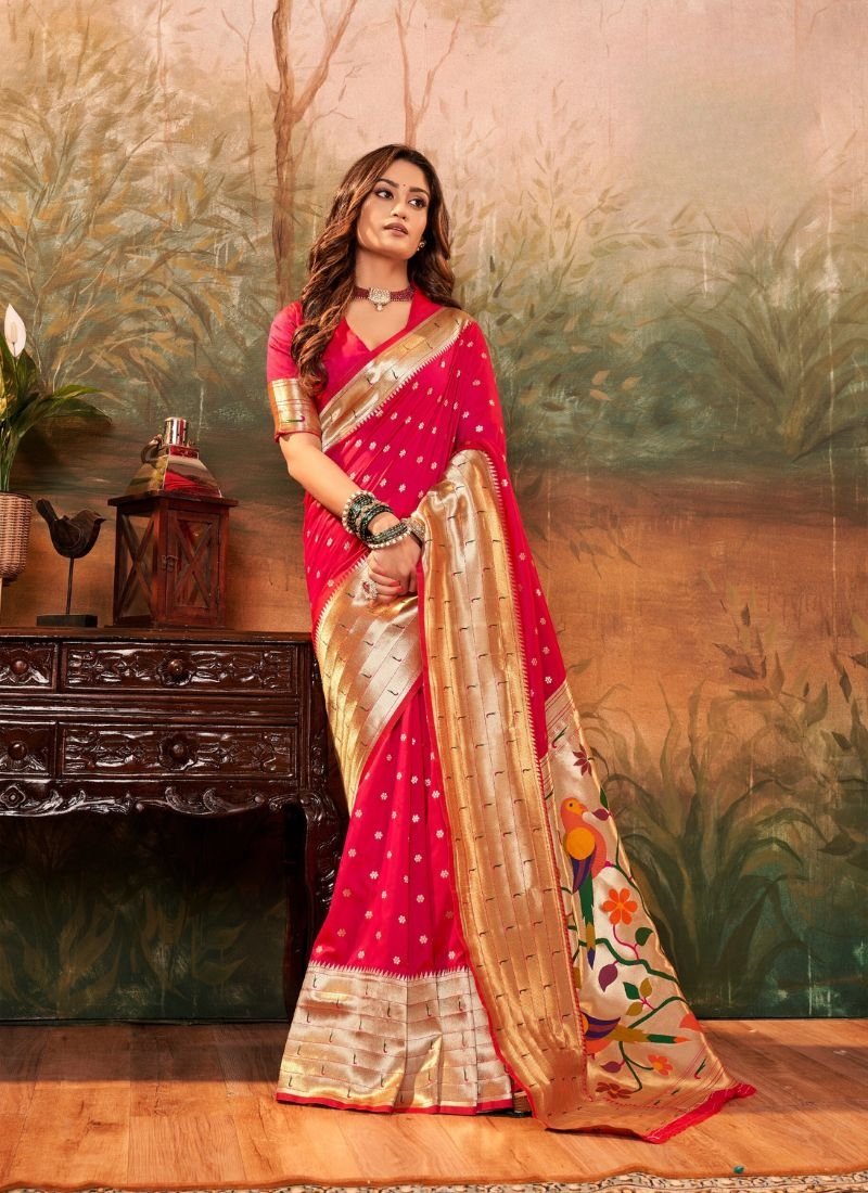 Exquisite woven pattern paithani silk saree in peach