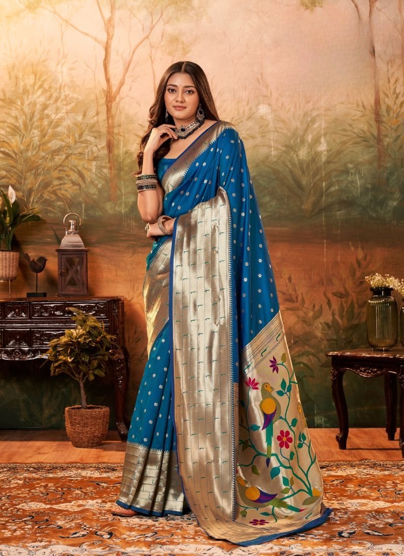 Exquisite woven pattern paithani silk saree in royal blue