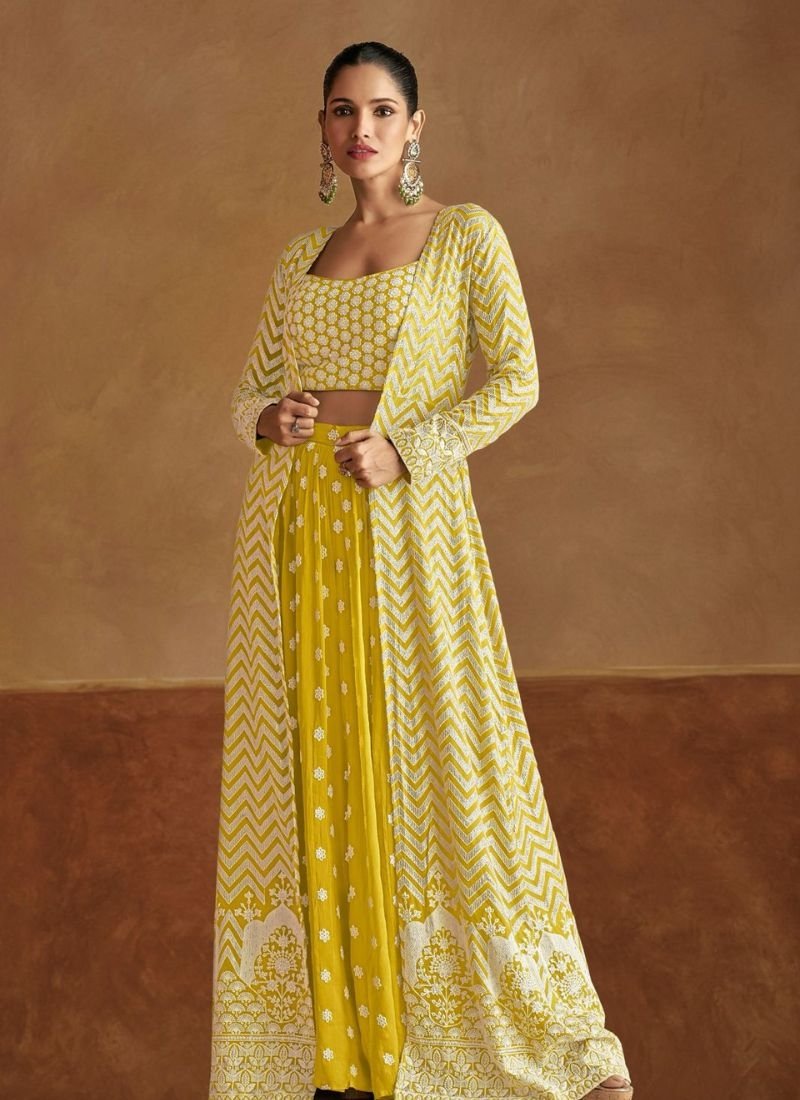 Beautifully hand embroidered georgette crop top with long shrug in yellow