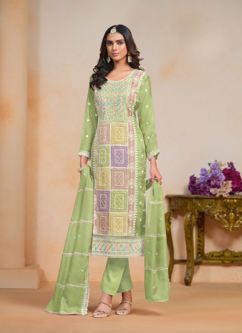 Beautiful mirror embroidered santoon pant suit in light green