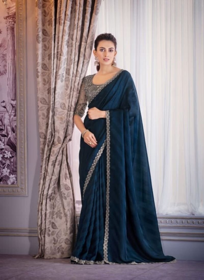 Exquisite embroidered satin organza saree in dark blue