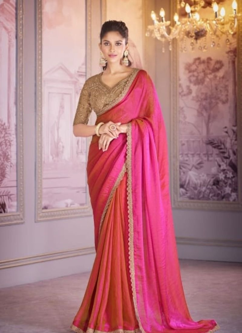 Exquisite embroidered satin organza saree in pink