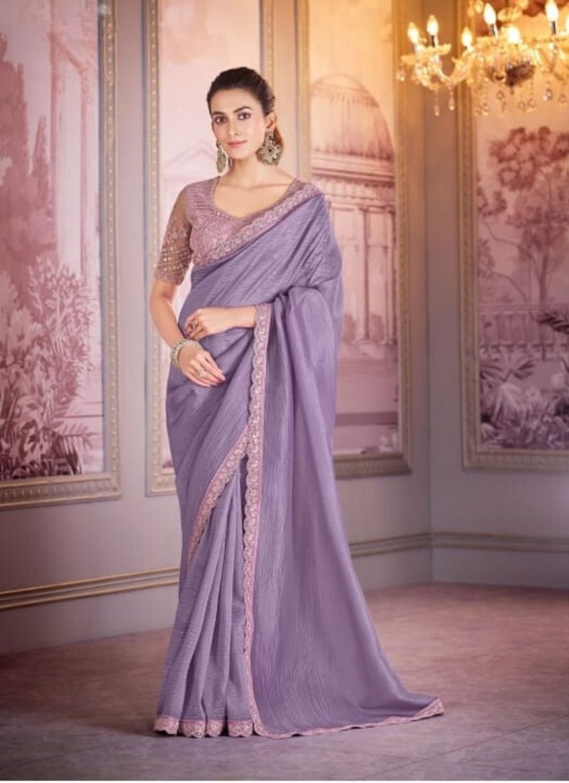 Exquisite embroidered satin organza saree in purple