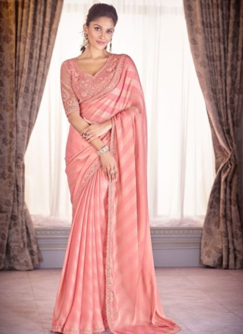 Exquisite embroidered satin organza saree in nude pink