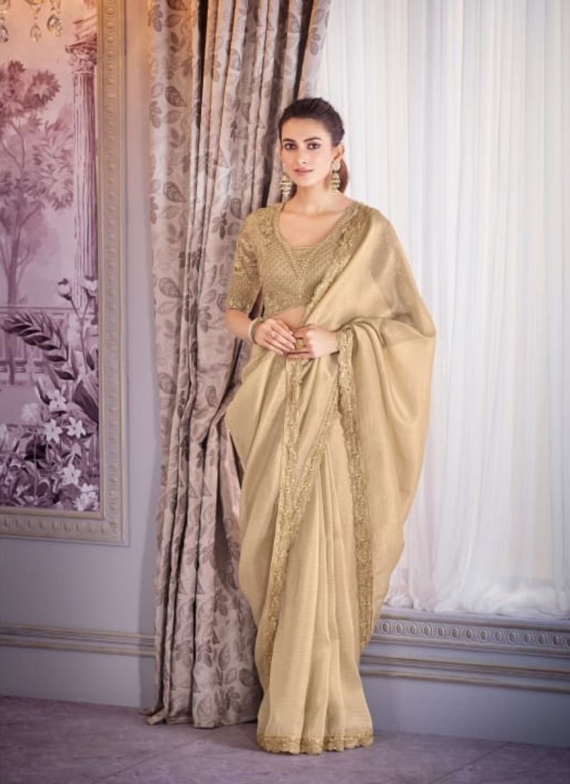 Exquisite embroidered satin organza saree in mustard