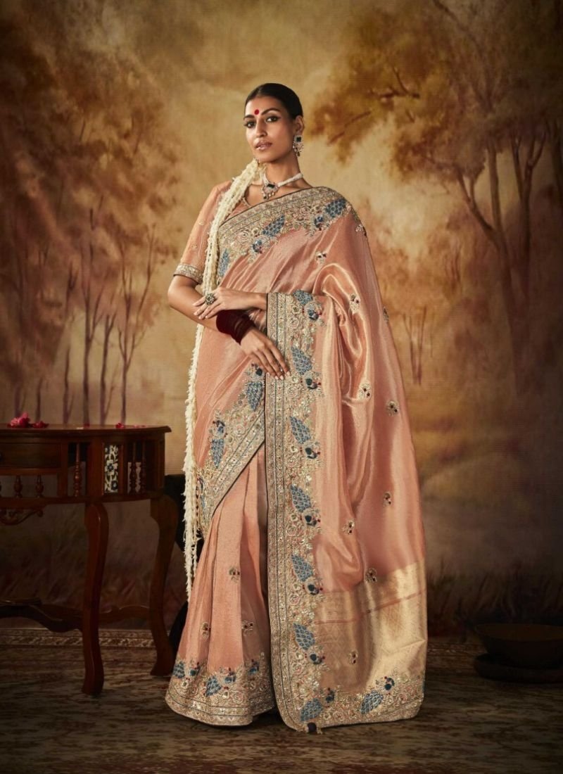 Stylish heavy coding embroidered silk saree in peach pink