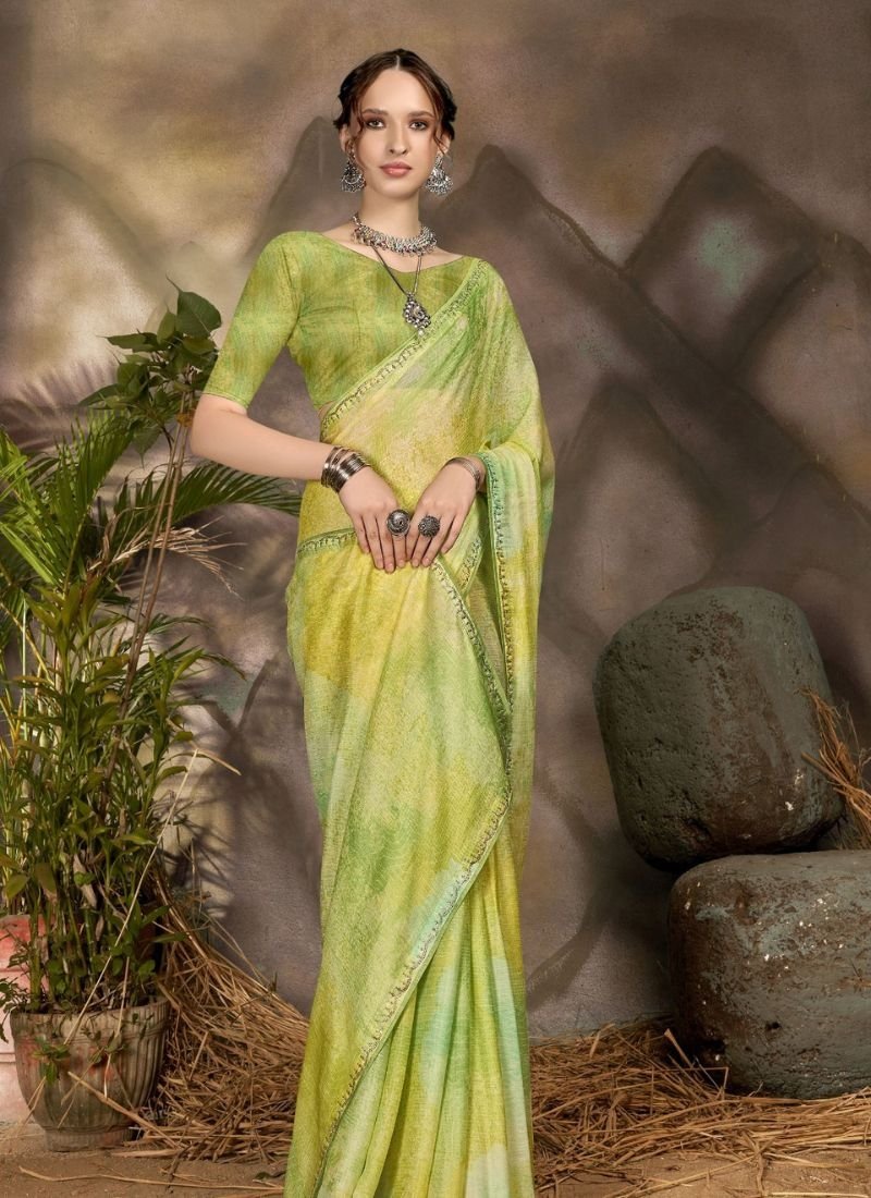 Stunning floral printed brasso saree in light green