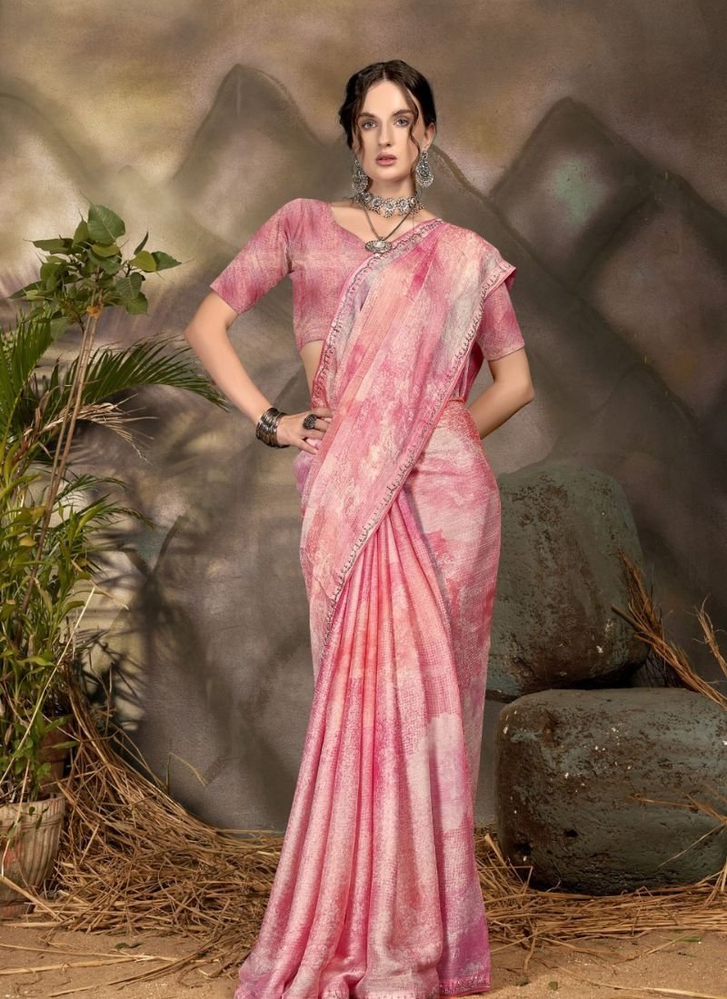 Stunning floral printed brasso saree in pink