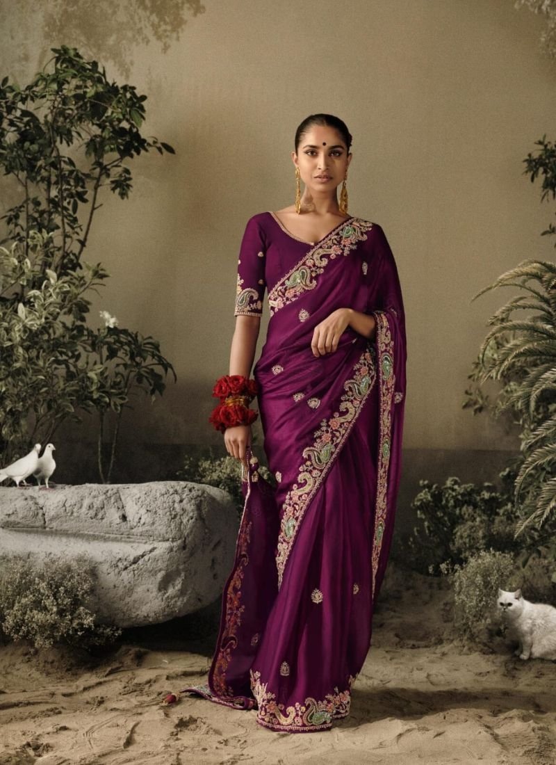 Designer hand-embroidered silk saree in violet