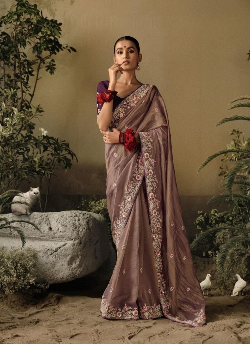 Designer hand-embroidered silk saree in light purple