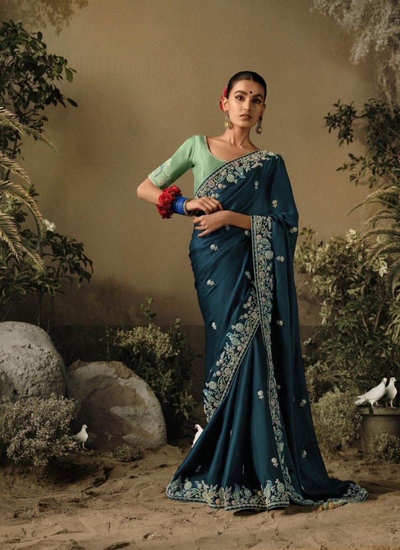 Designer hand-embroidered silk saree in dark blue