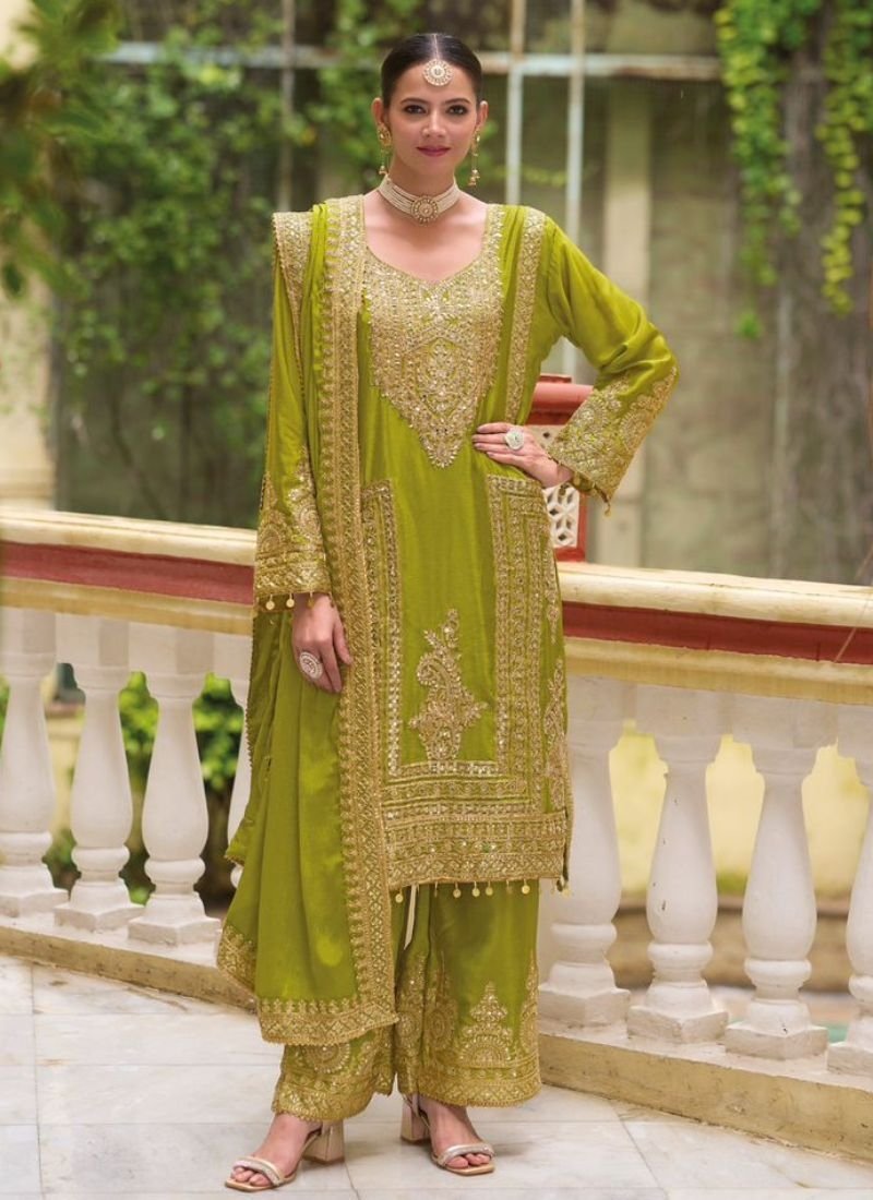 Stunning thread embroidered chinon palazzo suit in light green