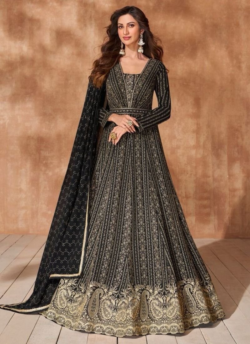 Designer heavy embroidered georgette Anarkali suit in black