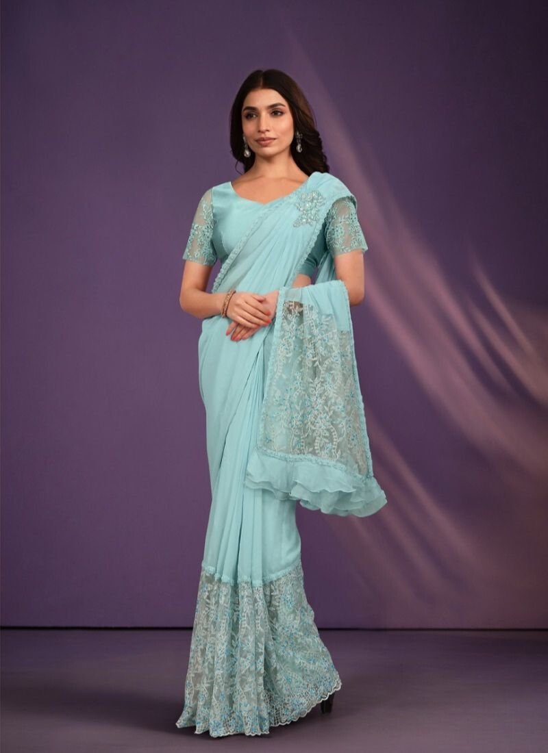 Exquisite digital embroidered silk saree in light blue