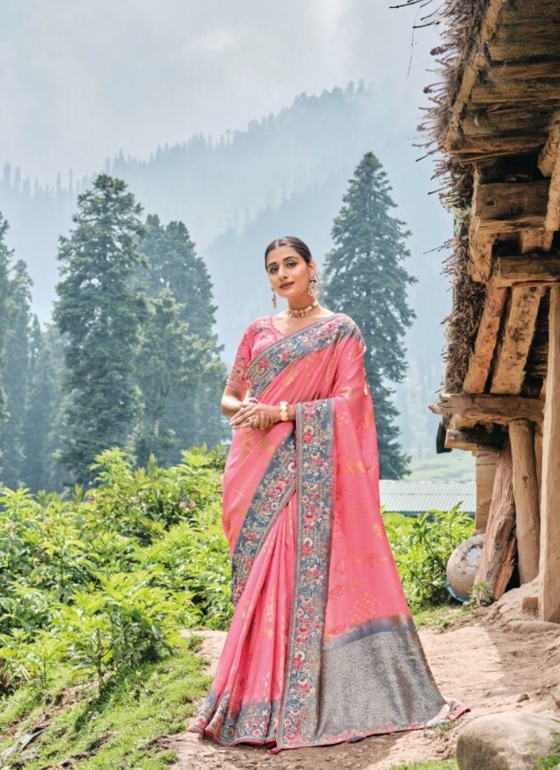 Beautiful hand embroidered organza silk saree in baby pink