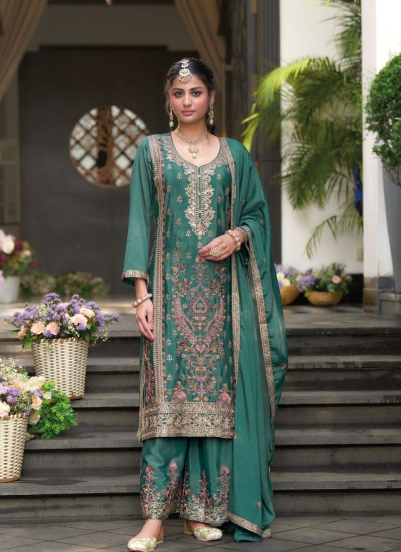 Stunning embroidered chinon palazzo suit in dark green