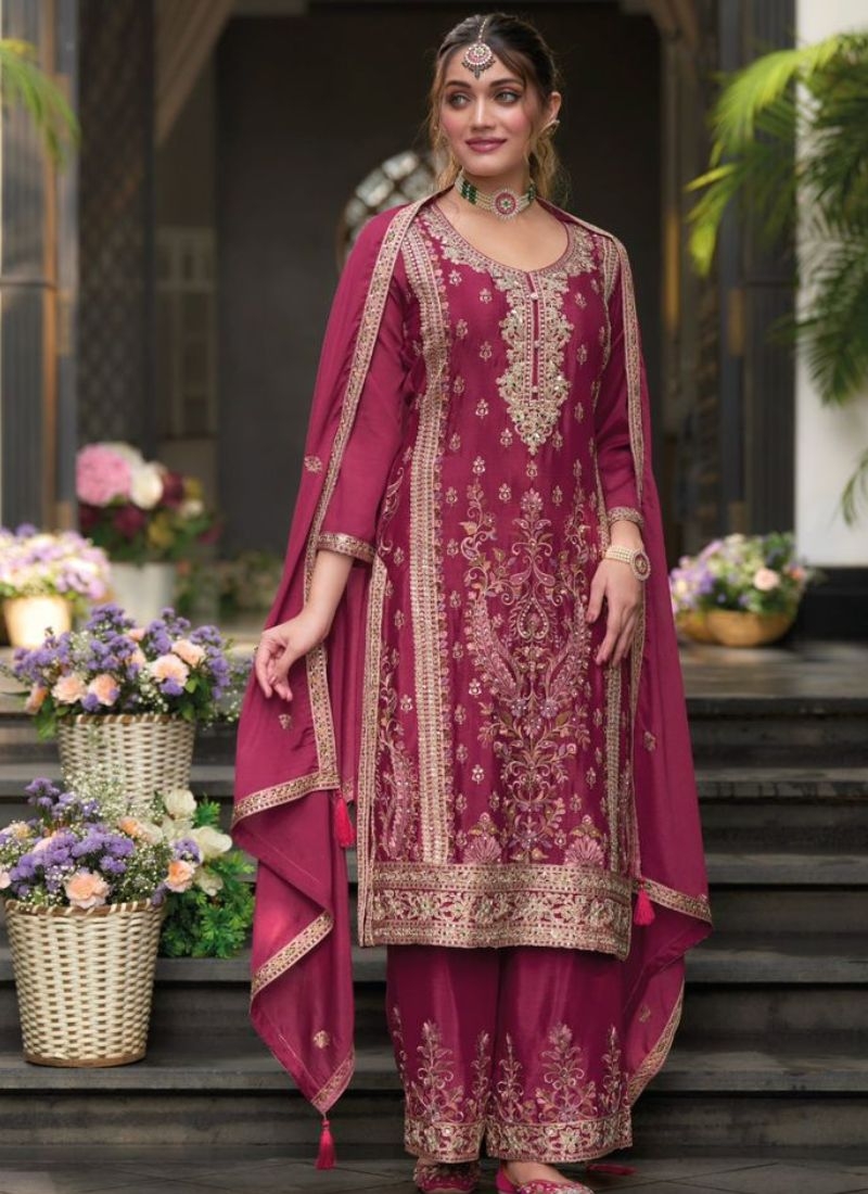 Stunning embroidered chinon palazzo suit in magenta