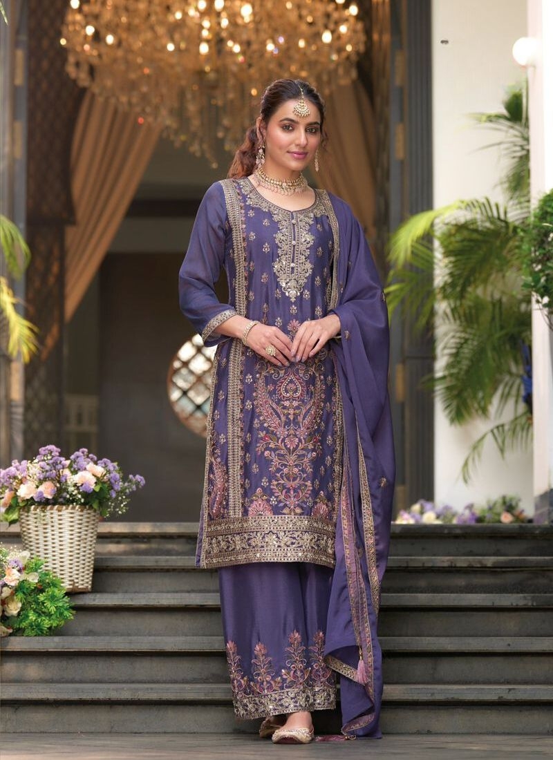 Stunning embroidered chinon palazzo suit in violet