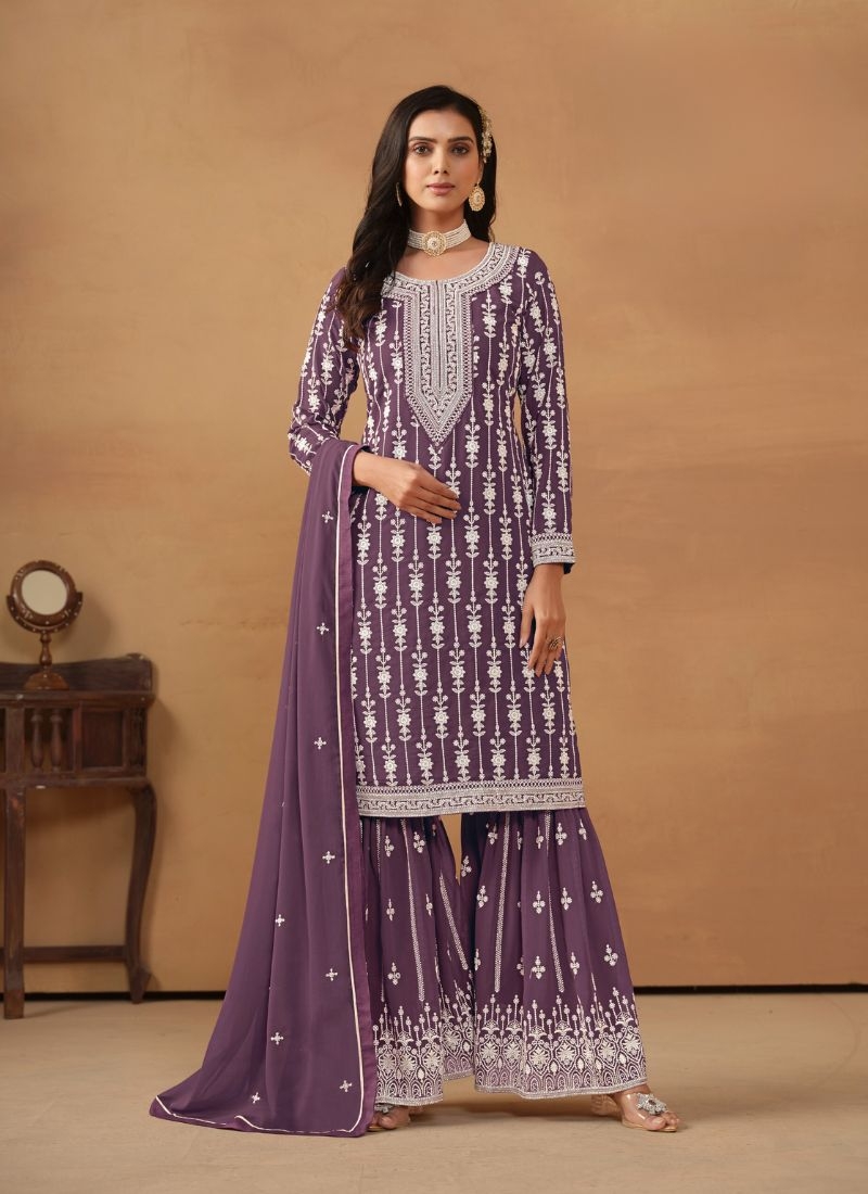 Stunning mirror embroidered faux georgette sharara suit in purple