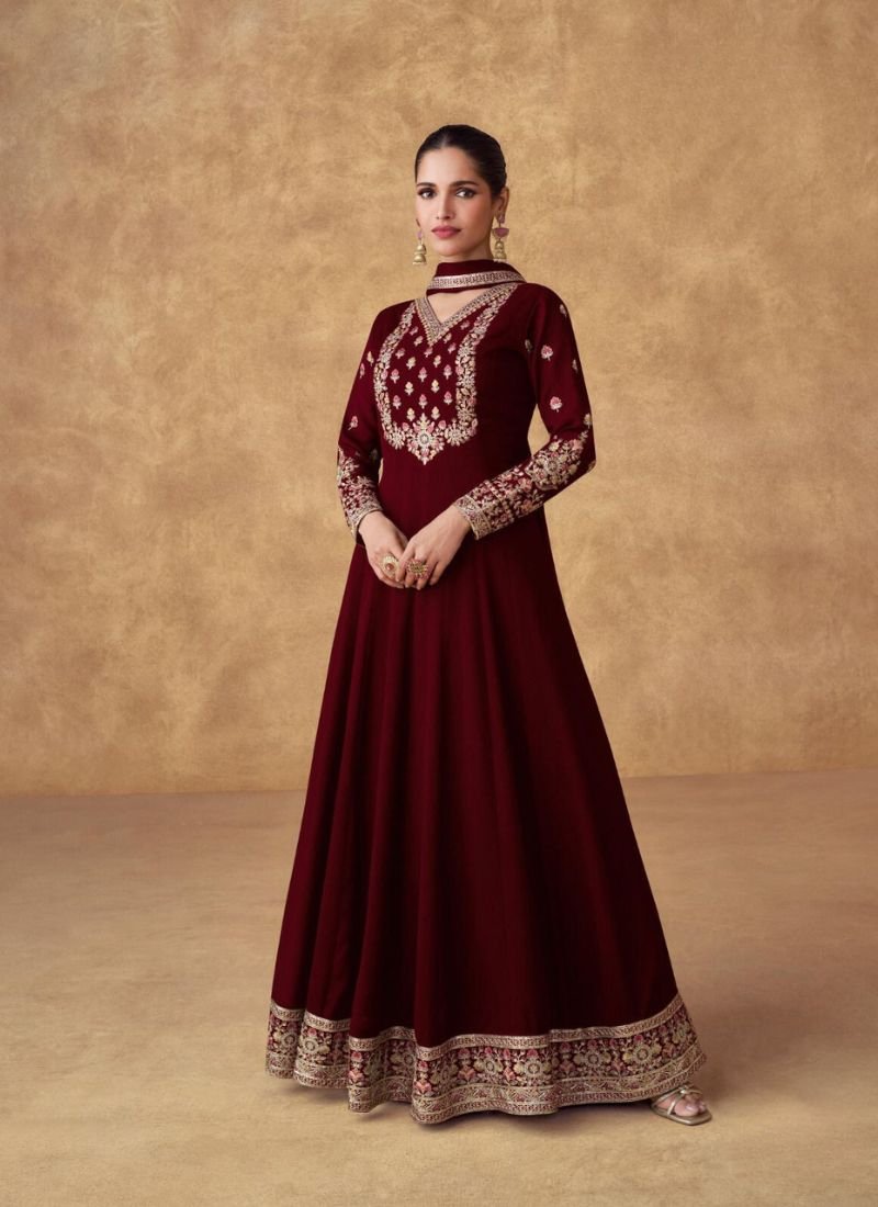 Beautiful embroidered Chinon long Anarkali with dupatta in maroon