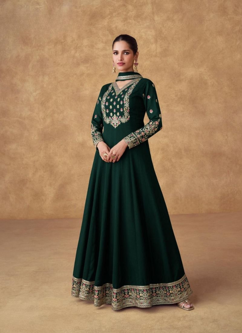 Beautiful embroidered Chinon long Anarkali with dupatta in dark green