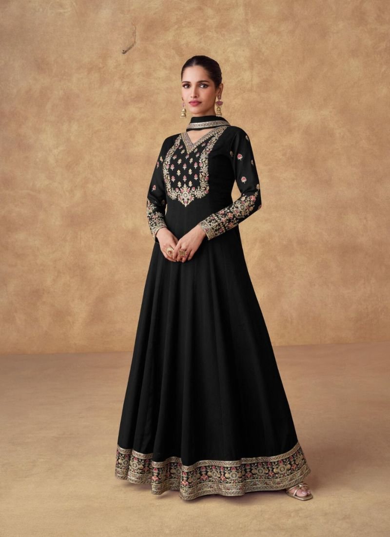 Beautiful embroidered Chinon long Anarkali with dupatta in black