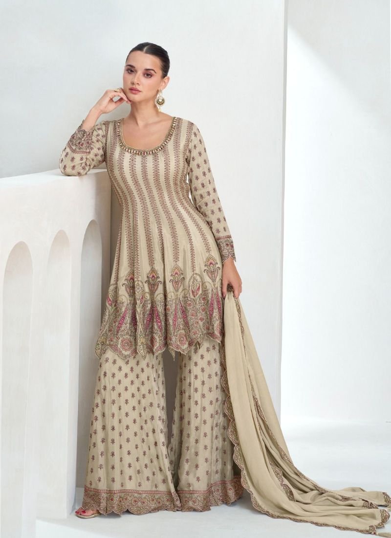 Heavy embroidered Chinon silk palazzo suit in beige